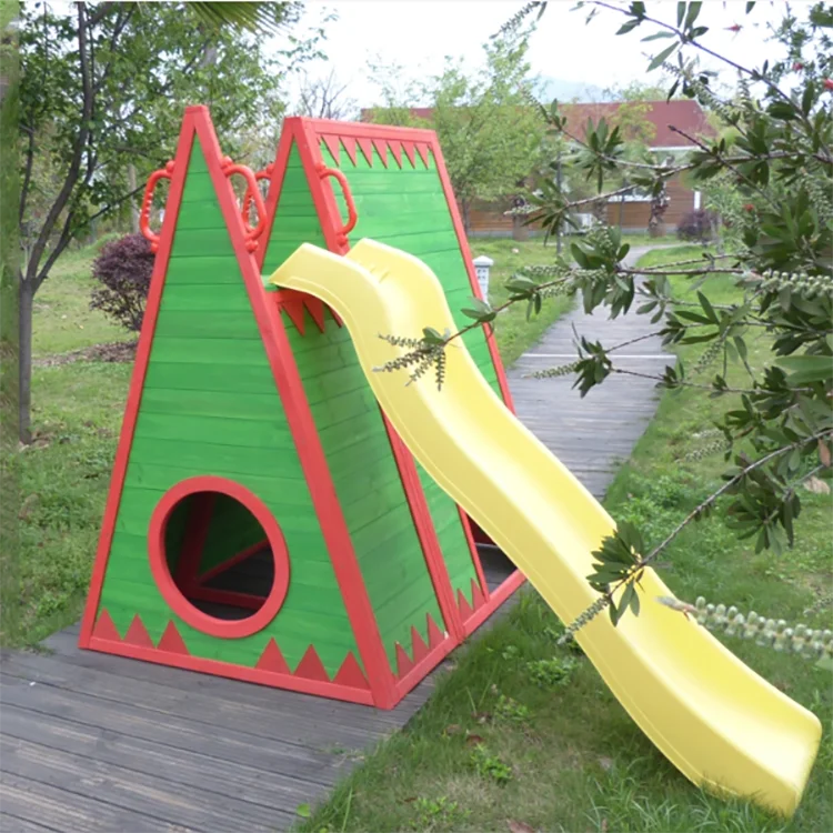 Outdoor Backyard kids Green wooden playhouse with slide