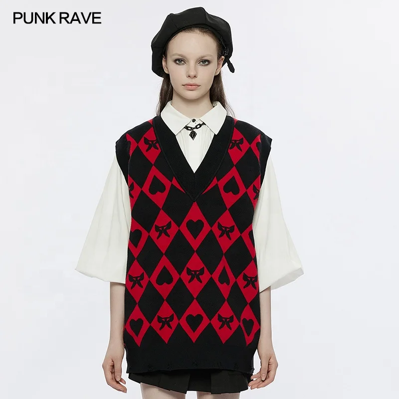 PUNK RAVE OPM-233TMF winter girls fashion soft warm comfortable wool V-neck loose fit original diamond weaving sleeveless vest