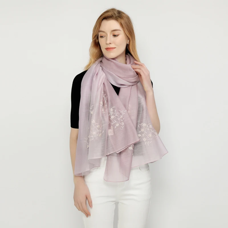 Purple lightweight embroidered silk wool blend fabric scarf cashmere long women shawl