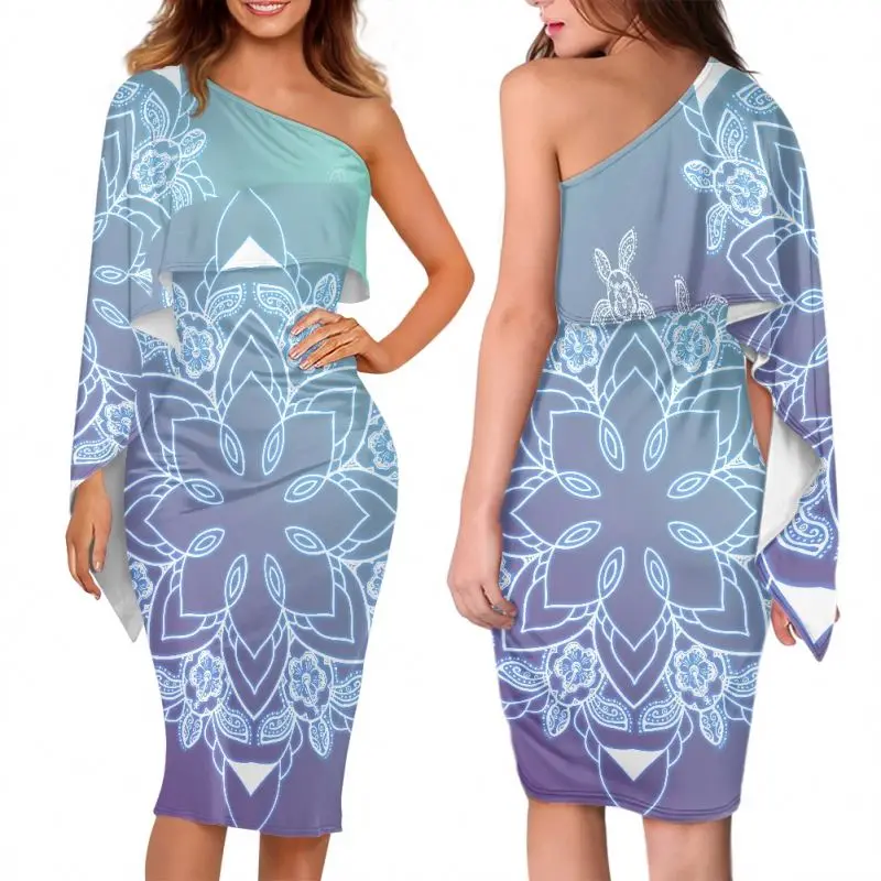 Noble 2022 New Arrivals Evening Dresses Hawaiian Polynesian Tribal Floral Tattoo Design One Shoulder Cocktail Club Party Midi