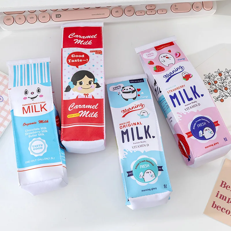 Cute PU waterproof Cartoon milk box pen bags school Stationery pencil bags cute pencilcase