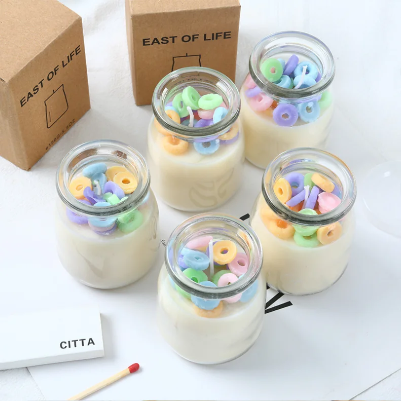 Hot selling good quality Cute Soy Wax Fruit Loop Candle Pudding Candle Dessert Scented Candle custom