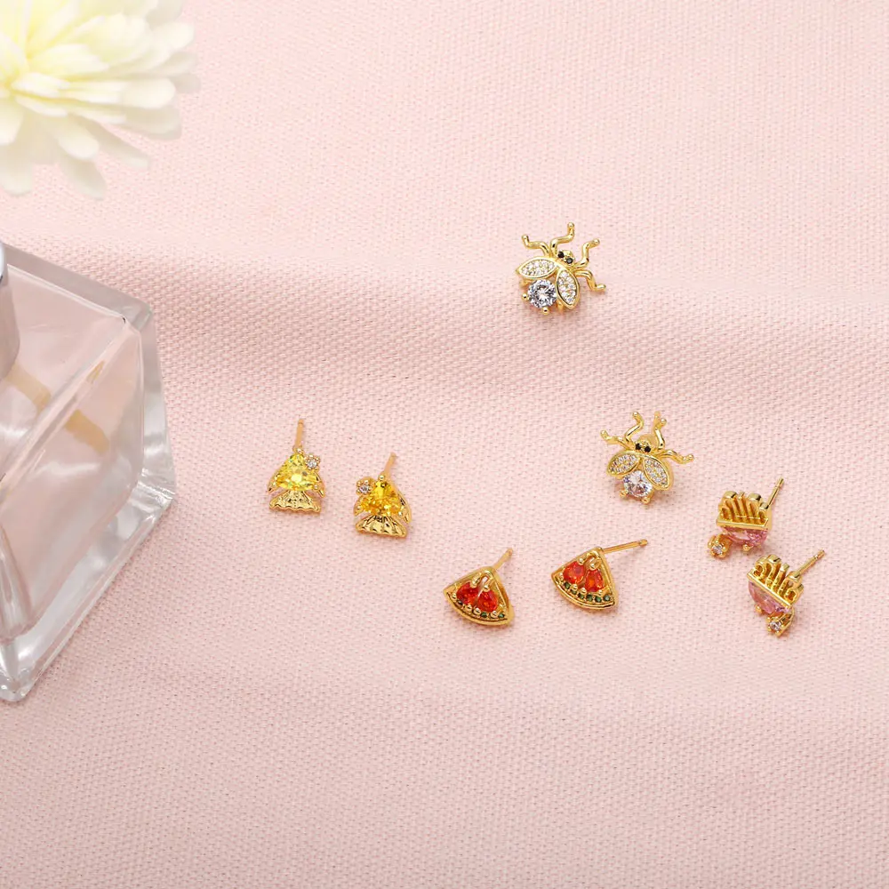 Dainty Cute Mini Animal Fish Jellyfish Bee Stud Earrings for Girls Colorful Zircon Watermelon Cartilage Earring Summer Jewelry