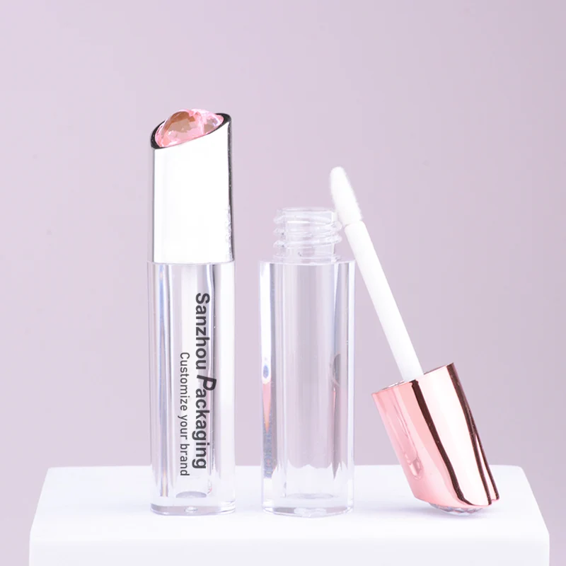 3.5ml empty unique heart rhinestone lip gloss wand tube transparent mascara bottle heart shaped lipgloss tubes