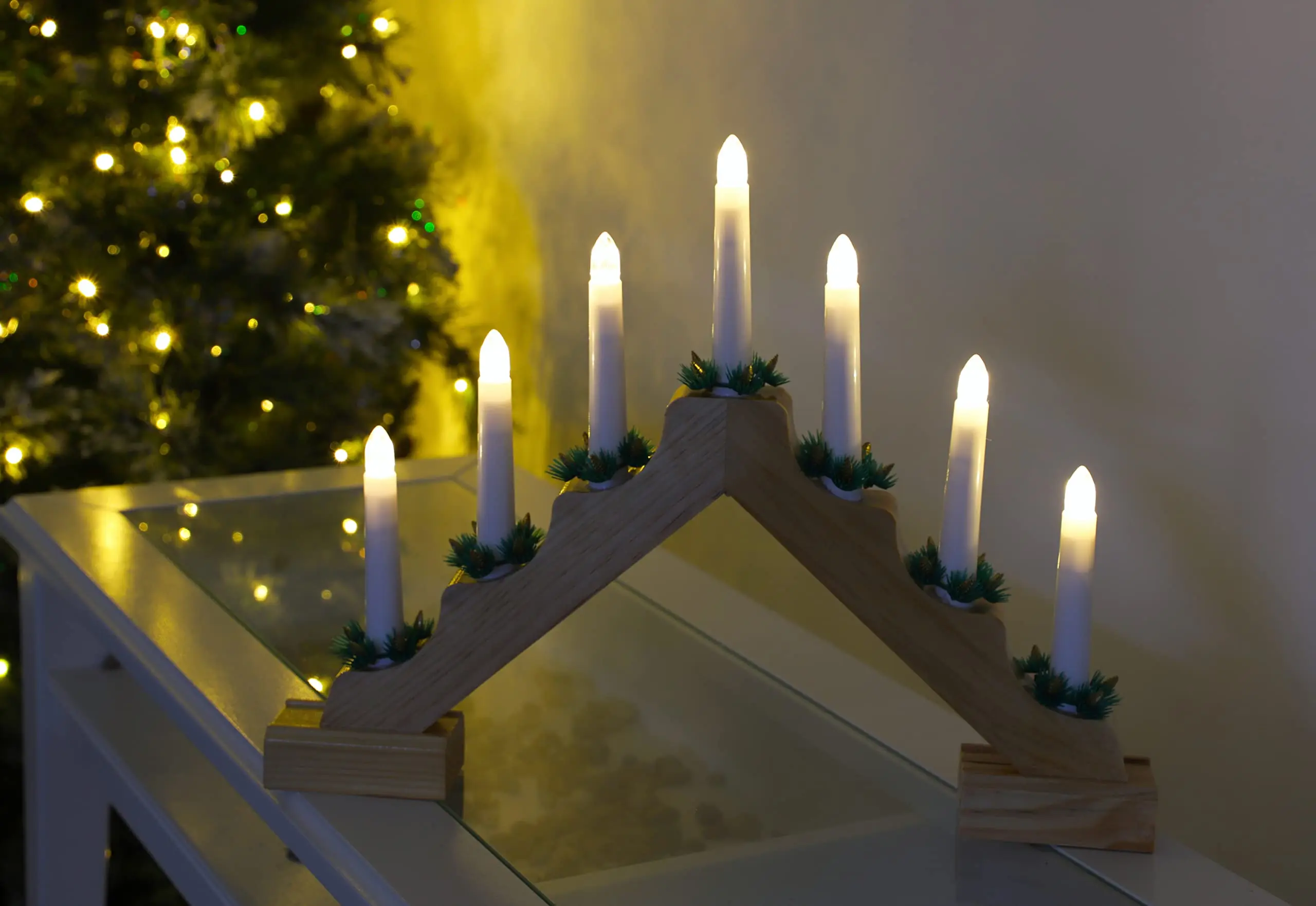 Battery Operated Low Voltage And Energy Efficient Christmas Wooden Candle Bridge with Warm White LED Lights