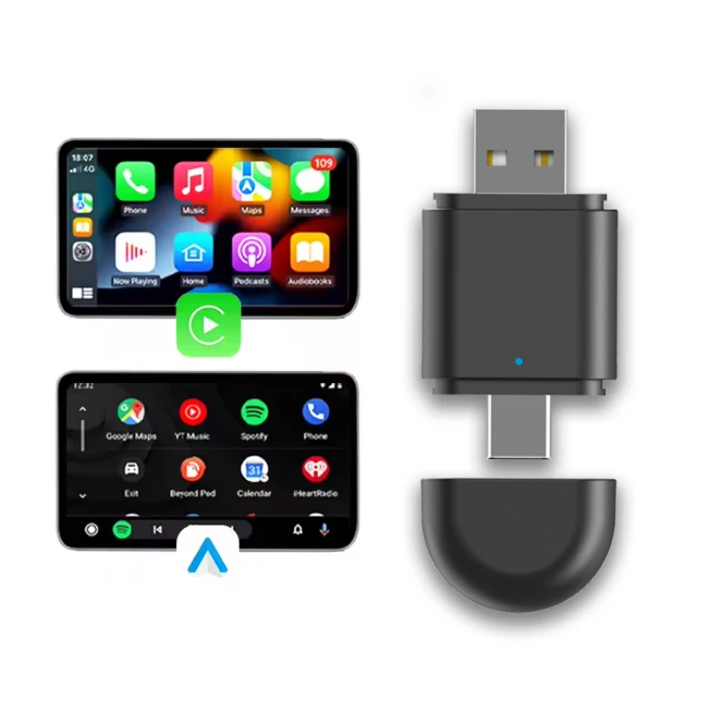Недавно запущенный мини-двойной разъем беспроводной адаптер Carplay для iPhone Android Авто проводной к беспроводному адаптеру OEM
