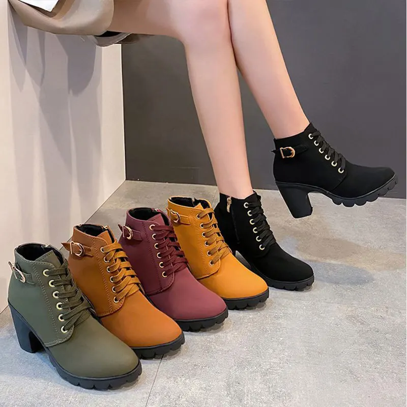 2022 Spring Fashion Round Toe Ladies Shoes High Heel Solid Color Martin Boots Shoes Women