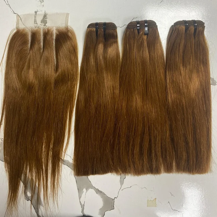 FH Double Drawn 3 Human Hair Bundle with Closure Set  4x4 Straight  Lace Closure 100% Real Hair 99j Colored Machine Weft