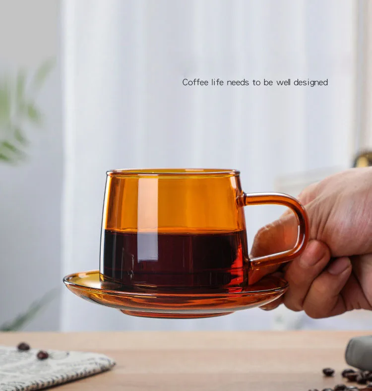Heat Resistant Borosilicate Colored Glass Drinking Glass Coffee Mug 300ml Glass Coffee Cup  With Saucer