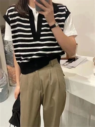 Spring Autumn Women Sweaters Pullovers Striped Sleeveless Knitted POLO Collar Wild Short Vests