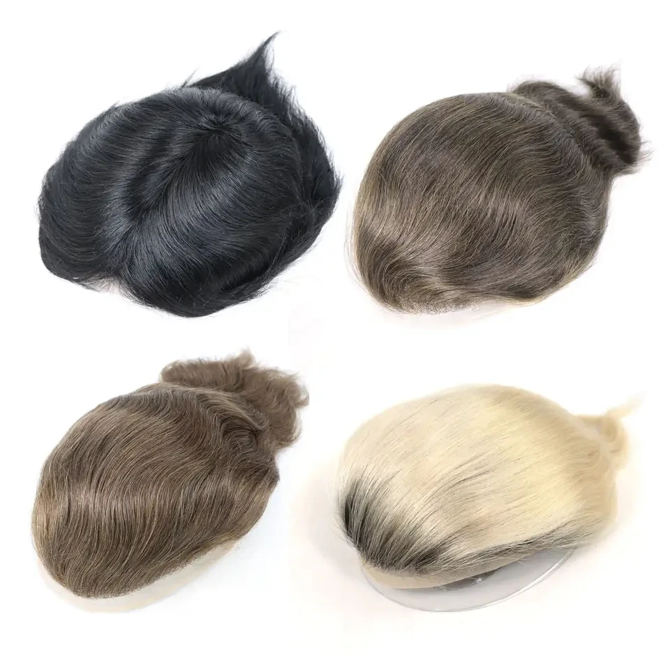 Grey Man Hair Replacement Systems Lace Top Poly Perimeter Male Hair Capillary Prosthesis Natural Men Toupee Hair Wig