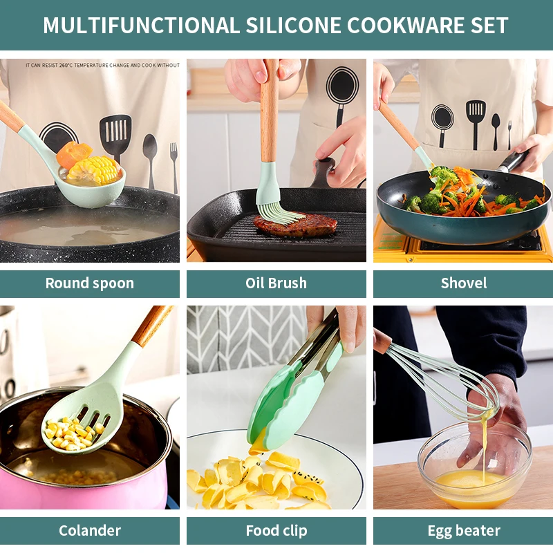 12 Pcs Heat Resistant Stand Accessories Silicone Wood Cooking Kitchen Utensil Set 11pcs With Kitchen Knifes For Camping Cooking