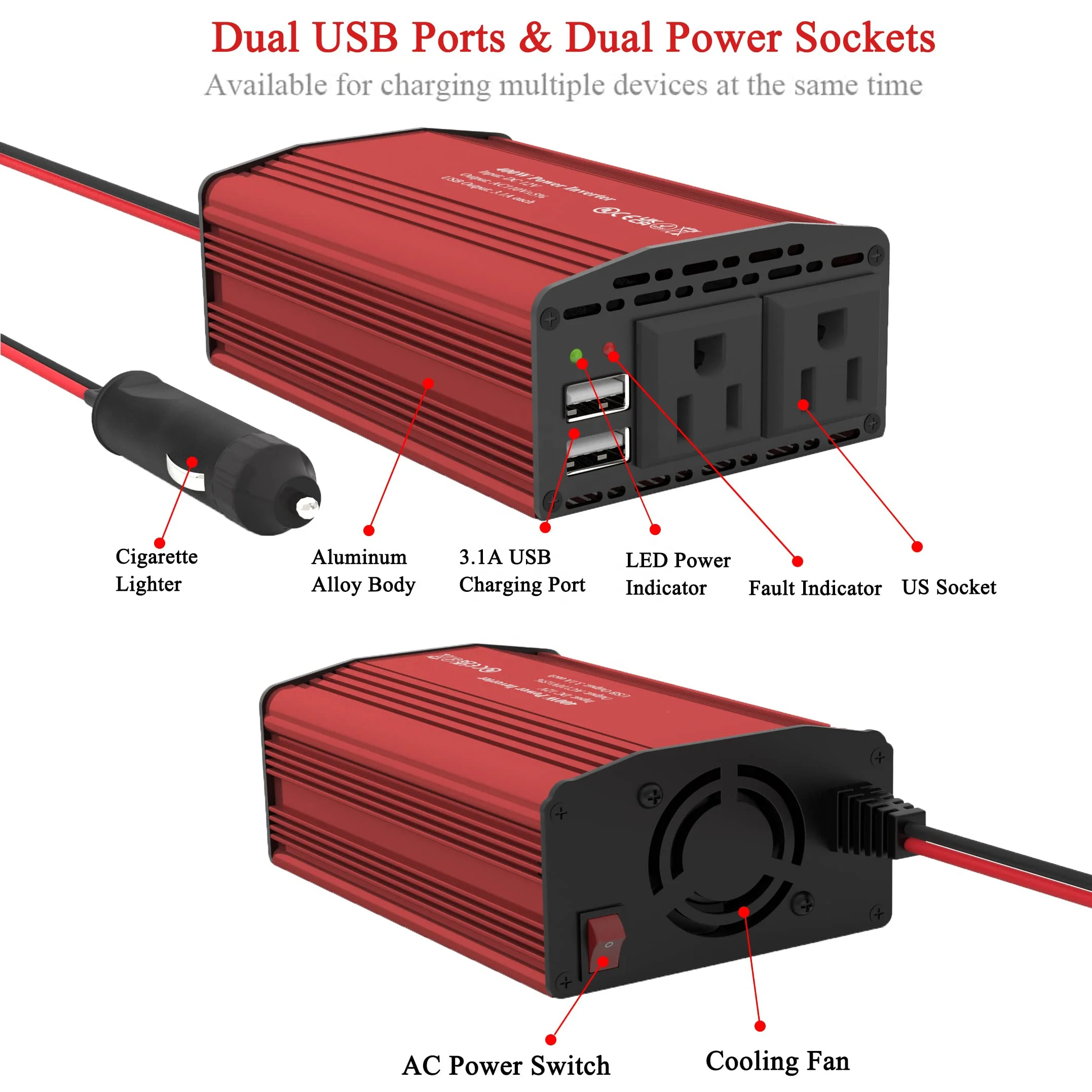 400W Modified Sine Wave Inverter for Car RV Truck Boat DC12V/24V to AC 110V/220V with LCD Display Inverter with Remote Control