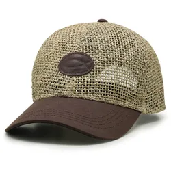 Custom grass fashion linen mesh cap patching logo breathable leather brim baseball cap