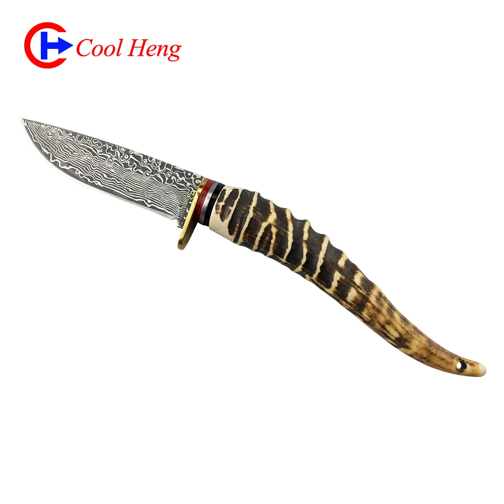 
Damascus pattern Antlers handle outdoors knife Retro Camping hunting knife With PU knife cover 