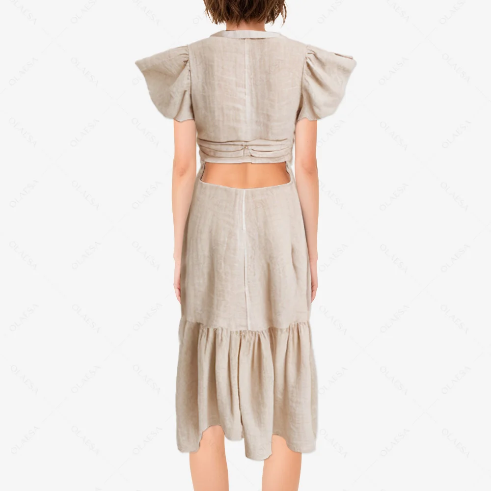 Odm Design High Quality Women Holiday Plain Dresses Ladies Tied Knot Midi Dress Casual Linen Dresses