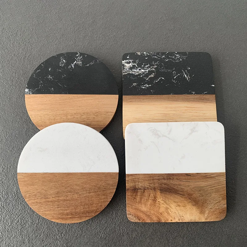 Eco Modern Customized Round and Square  Natural Marble and Acacia Mixed Coasters Cup Trivet Pads & Mats