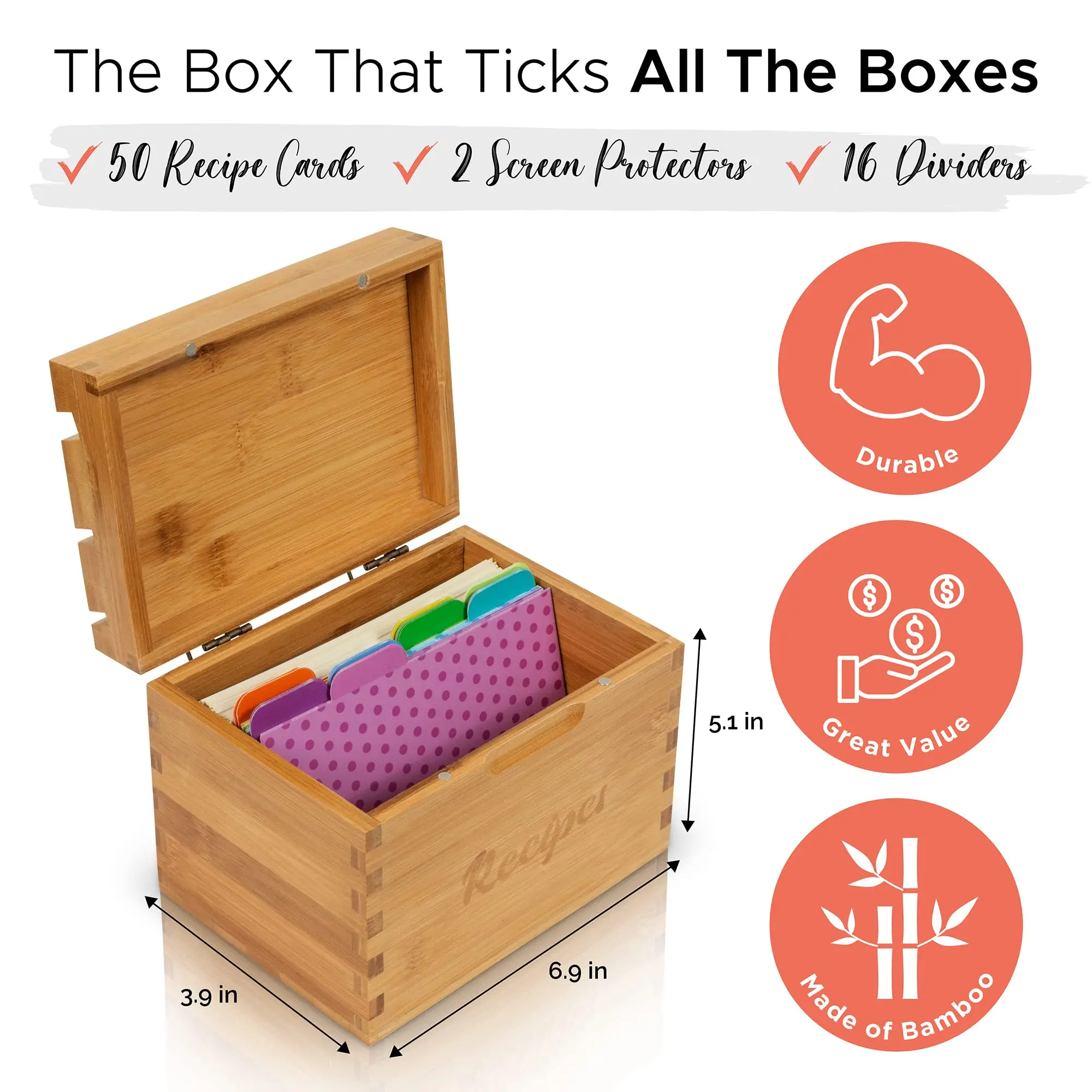 4x6 Bamboo Wood Recipe Box With 16 Dividers 70 Recipe Cards and 2 Protective Sleeves