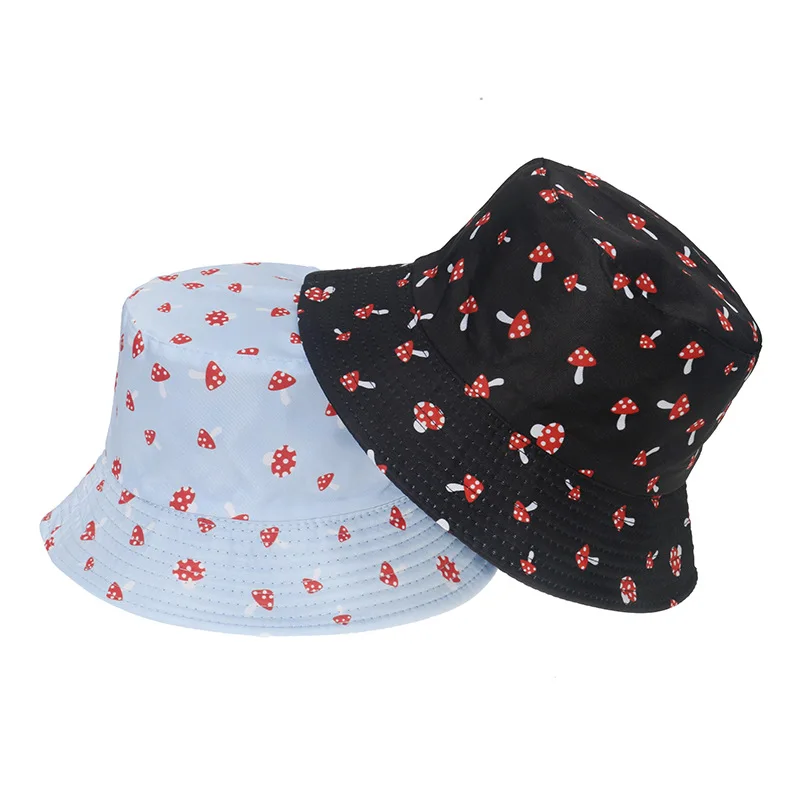 Cute Mushroom All Over Print Buckeet Hat Custom Embroidery Logo Bucket Hats Reversible Cotton Outdoor Sunshade Fisherman Hat
