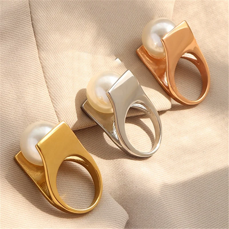 Trend Y-shaped Imitation Pearl Ring For Women Jewelry Exaggerated personality Stainless Steel 18k Gold Rings New Style