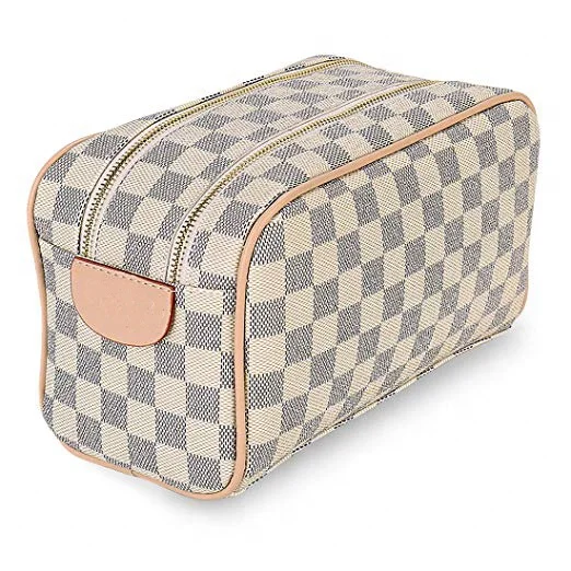 Luxury Checkered Two-Zipper Make Up PU Leather Toiletry Travel Cosmetic Bag