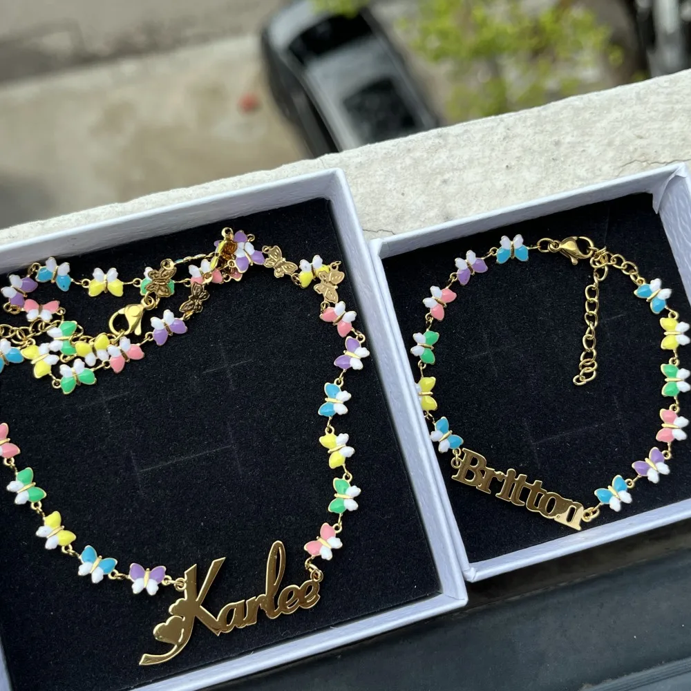 QIUHAN Mixed Color Enamel Nameplate Bracelet Stainless Steel Custom Name Butterfly Necklace
