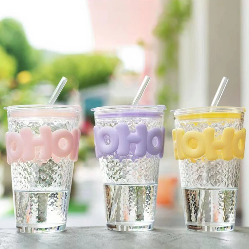 450ml Glass Mugs Leak-proof Reusable Coffee Cup Office Straw and Straight Drinking Dual-purpose Lid Glass Bottle