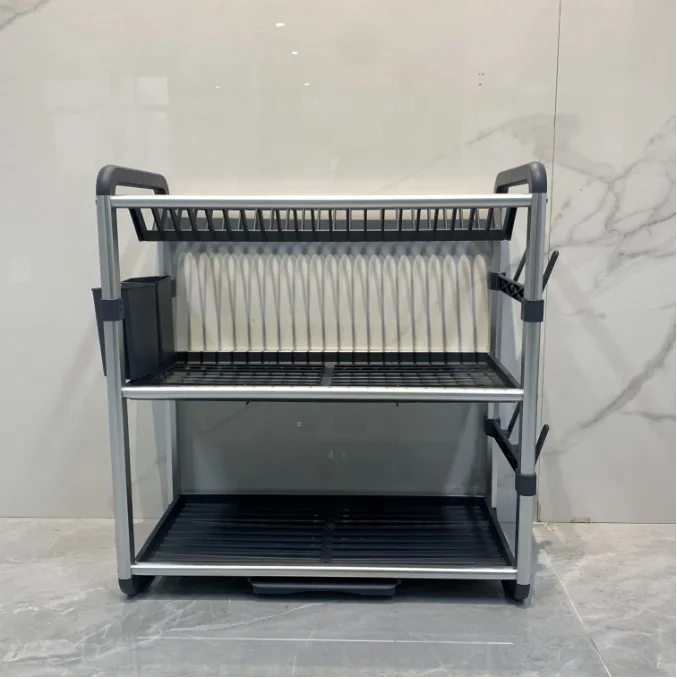 Storage Holder Dish Drying Rack Kitchen Organizer Drain Bowl Plate Rack 2 Tier Aluminum Dish Drainer Rack with Cup Holder