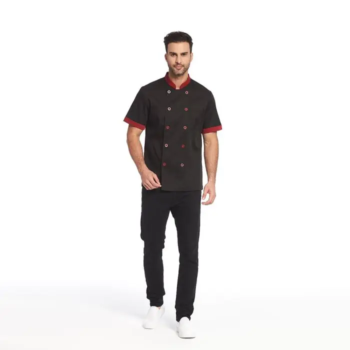 Chef Uniform Jacket short sleeve black cooking suit Red-neck Double-breasted Chef Clothing Uniform