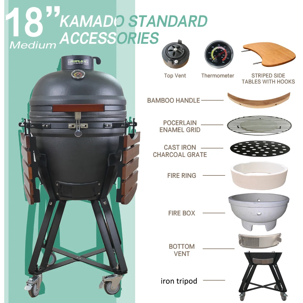 Auplex Big Green BBQ Pulgadas Egg Charcoal Ceramic barbeque Grill Kamado 18-inch Outdoor with stainless steel stand