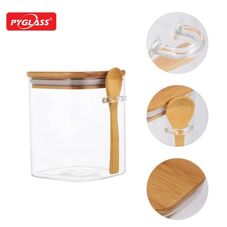 Square  Borosilicate Glass Food Spice Jar with Spoon,Glass Food Storage Containers for Coffee Beans,Tea Leaf and More