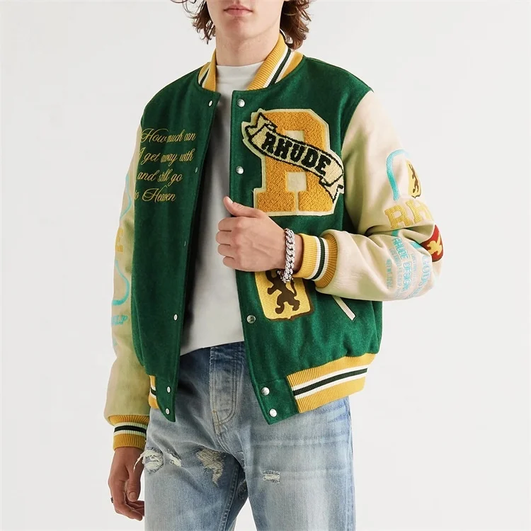 OEM custom plus size mens clothing chenille embroidery leather sleeve baseball letterman varsity jacket for men