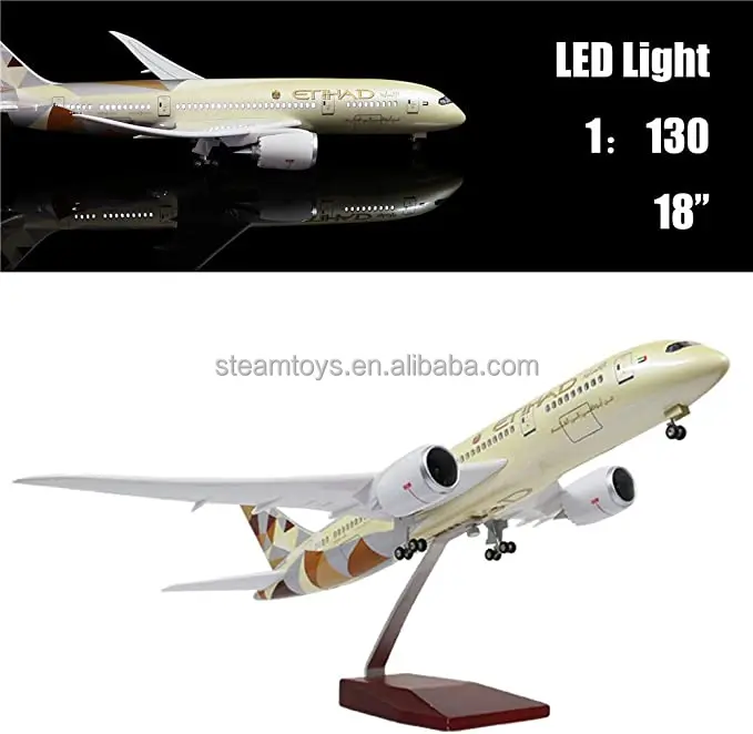 18 inches 1:130 Scale Resin Airplane Model Etihad A380 with LED Light (Touch or Sound Control) for office, home decoration