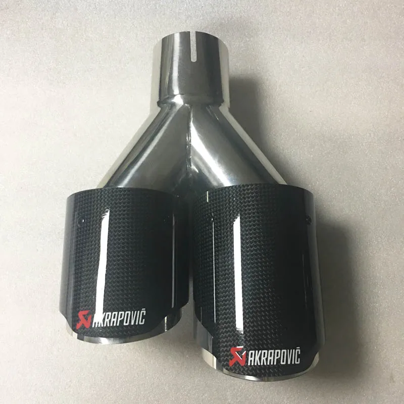 Car Universal Straight Gloss Black Carbon Fiber Stainless Exhaust Muffler Tip Y shape Dual Exhaust End Pipe