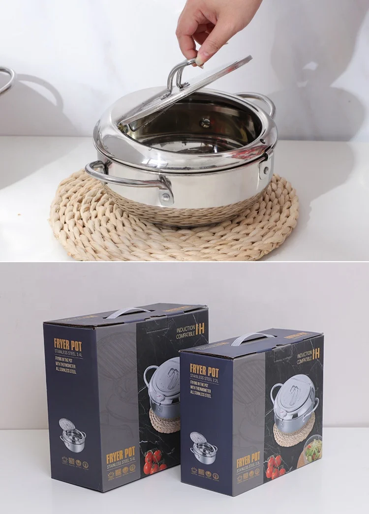 Kitchen Deep Frying Pot Cooking Tools Temperature Control Tempura Fryer Pan Stainless Steel Fried Chicken Pot