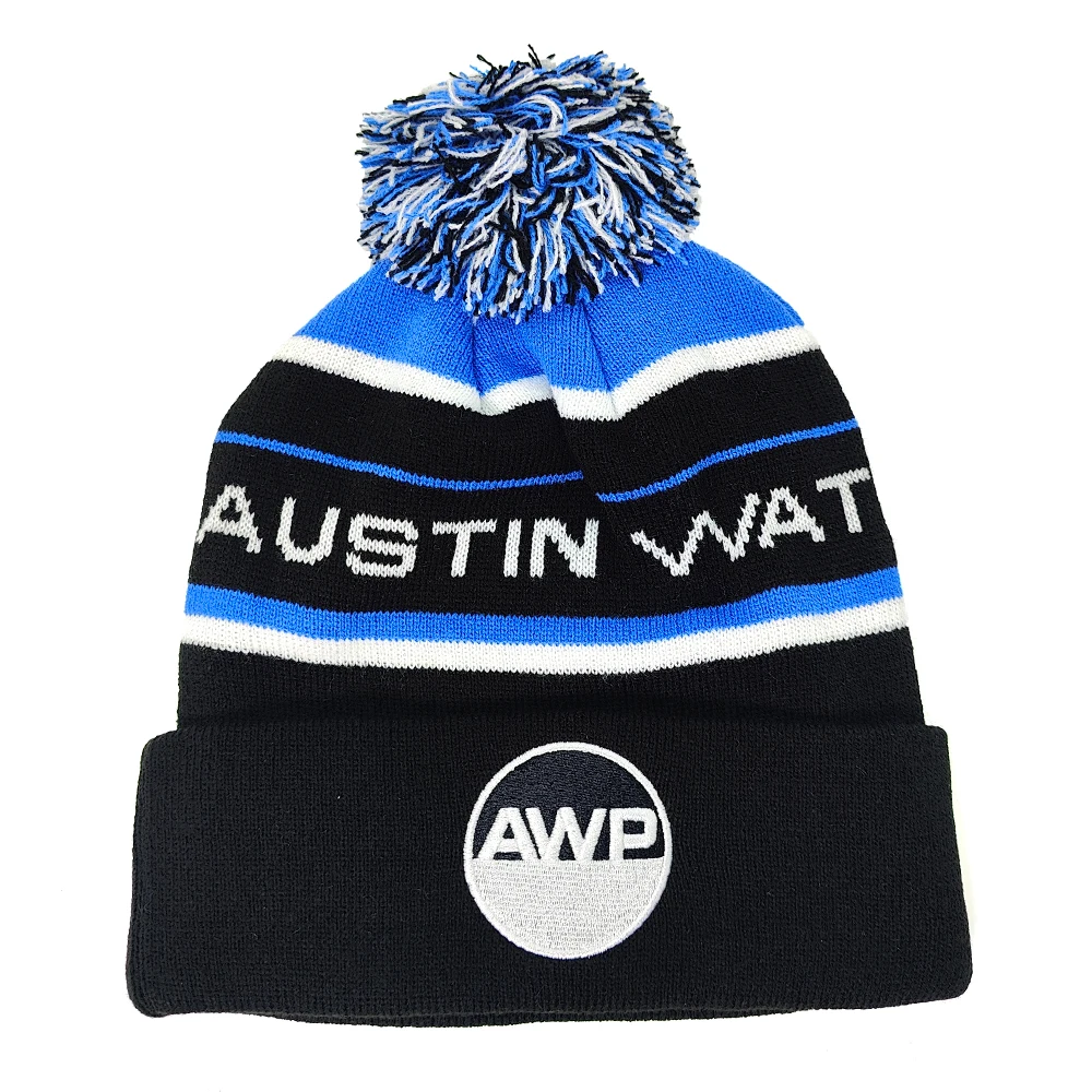 Custom logo pompom beanie hat fashion Smiling face embroidery acrylic knitted furry lining warm winter hats for women