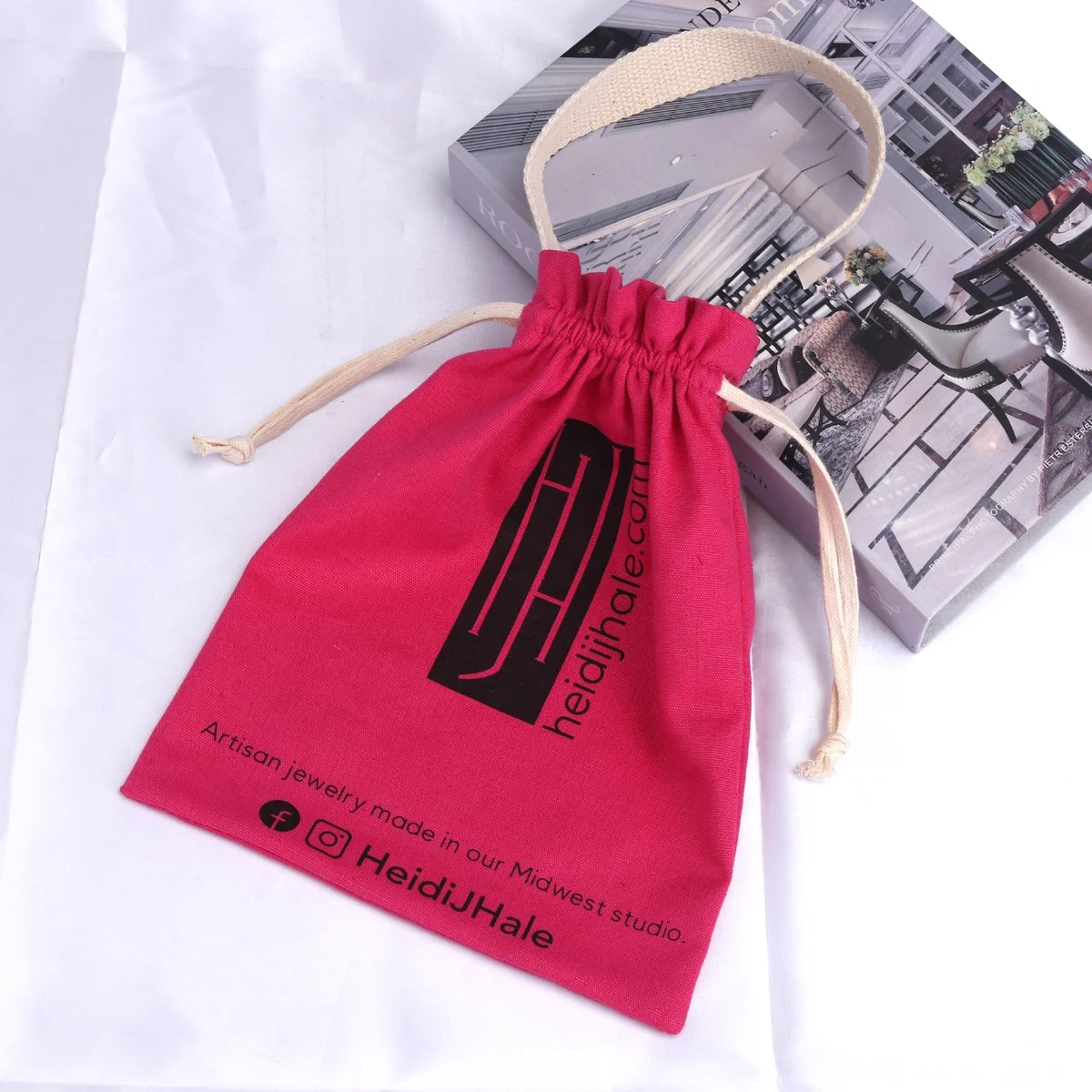 Custom Logo Printed Canvas Handle Drawstring Jewelry Packaging Bag Cotton Canvas Gift Shopping Dust Bag