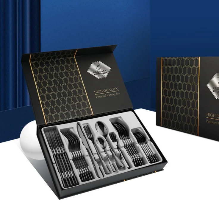 Wholesale Metal Silverware 30pcs Black Flatware Tea spoon Cake fork set Stainless Steel Spoon And Fork Cutlery Set