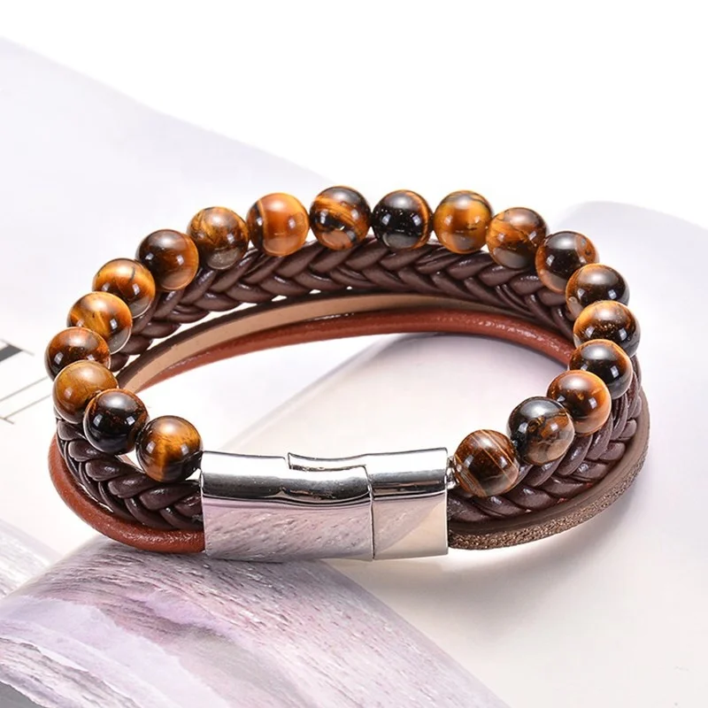 Wholesale designs with natural tiger eye stone  handmade beads multilayer stainless steel magnet buckle leather bracelet