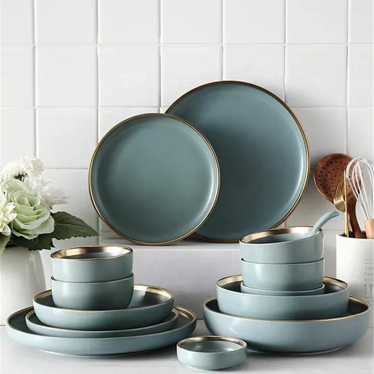Modern turquoise color handmade gold rimmed porcelain round royal dinner set