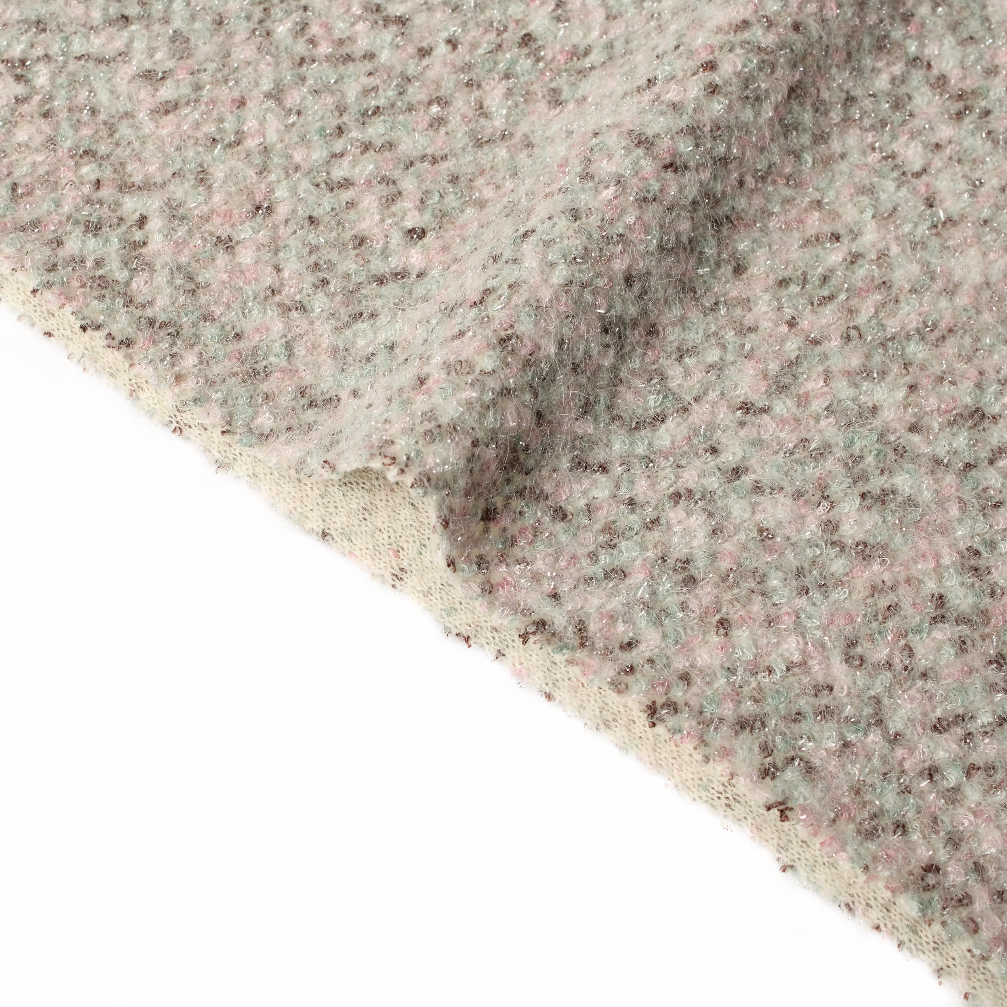 Newest Channel- Style Design Pink Blue Knitted Print Shinning Sliver Wool Alpaca Mohair Blended Fabric for Women Suit Coat Dress