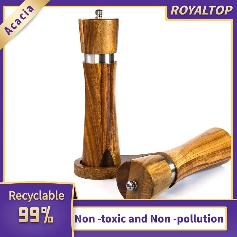 Bulk Kitchenware Manual Wooden Spice Mill Acacia Wood Salt Shaker Adjustable Ceramic Salt And Pepper Grinder