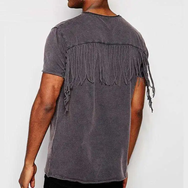 China Factory Customized Short Sleeve T-Shirt O-Neck 220 Grams Knitted Fabric Plain Dyed Solid Design Back Tassels Casual Style