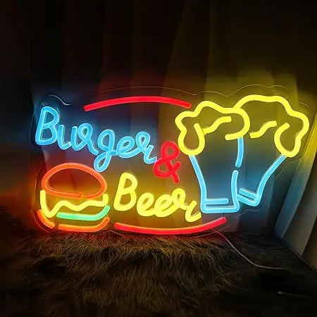 Burger Beer Hot Dog Chicken Cheers Neon Light Sign LED Light Wall Decor Gift for Bedroom Game Room Man Cave Bar Party