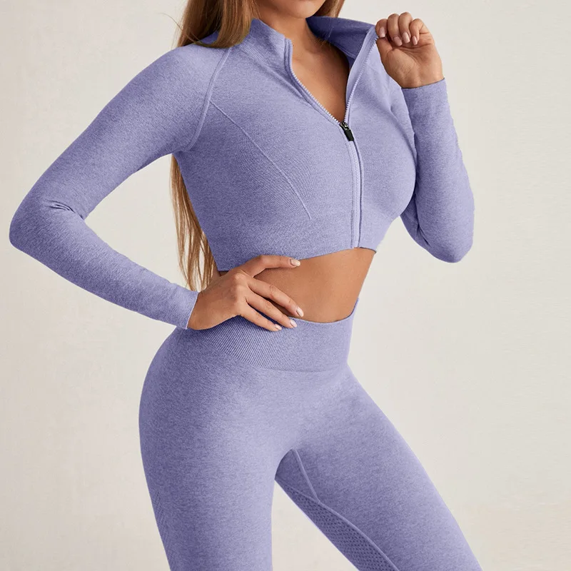 Women Seamless Yoga Gym Active wear Set Women Sportswear 2 Pieces Crop Top Jacket And Leggings Sets Jogging Sweatsuits
