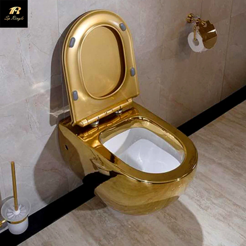 Bathroom luxury buffer cover sanitary ware gold plated decorative ceramic wall toilet