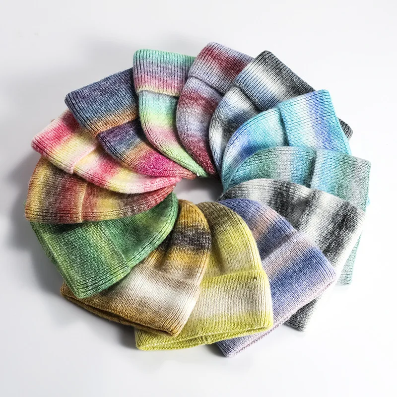 Gradient color knitting beanies, colorful beanies tie dye blank beanies with custom label tag
