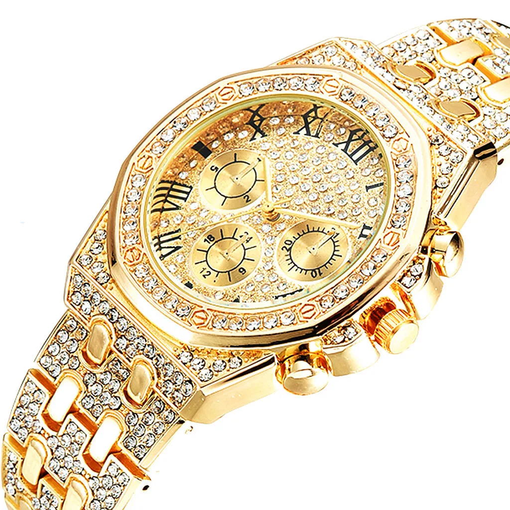 Hot Selling Hip Hop Fashion Quartz Watches Gold Rose 20mm Cuban Link Necklace Chain Cuban Link Bracelet Iced Out Jewelry Set