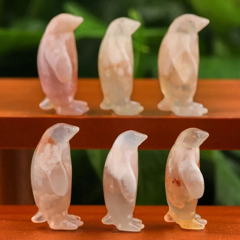 1.4 Inches Natural Flower Agate Blossom Carving Natural Crystal Gemstone Sakura Agate Animal Carved Penguins