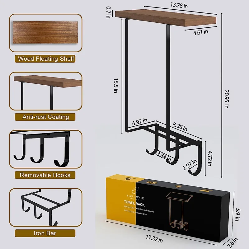 Brand New Wooden Stand Block Hooks Kitchen and Bathroom Shelf Organizer for Towel Rack and Other Accessories